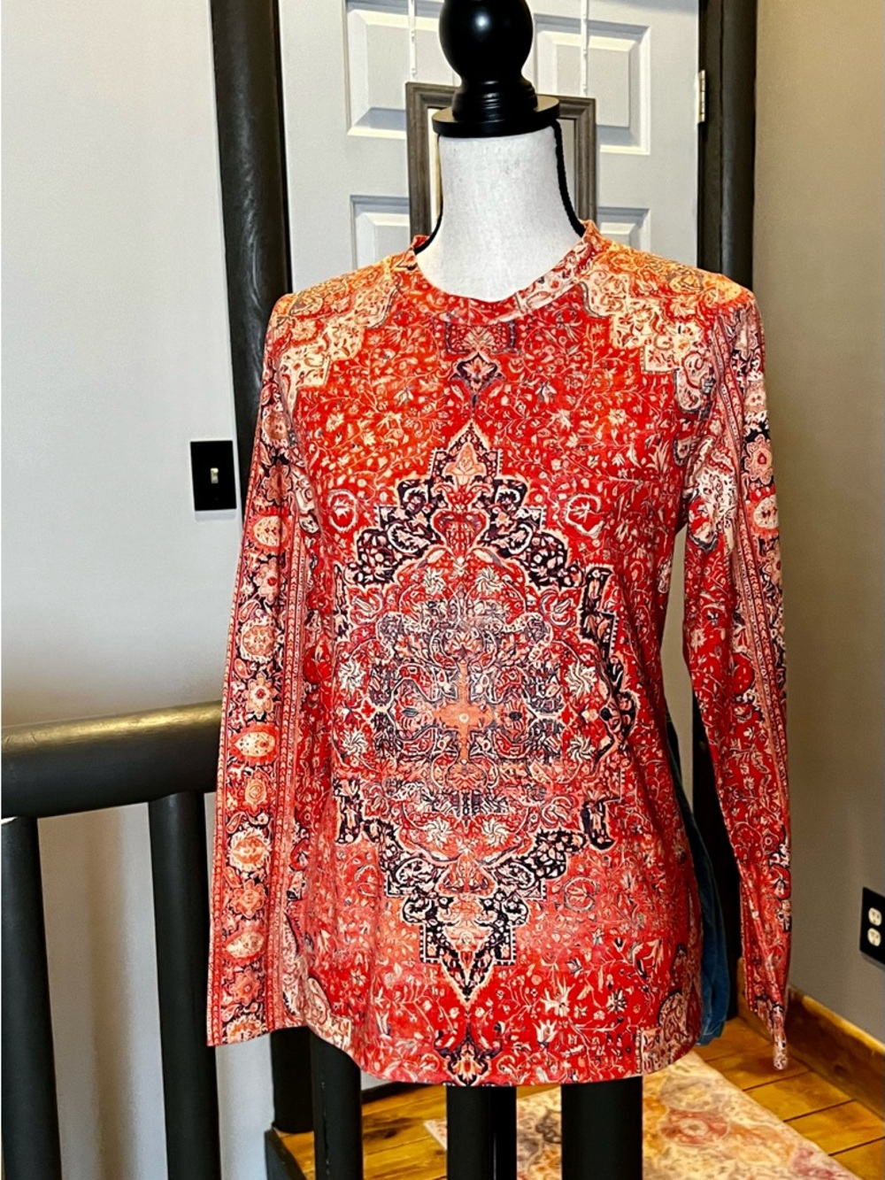Small Exclusive Boho Women's Red Paisley Long-Sleeve Top